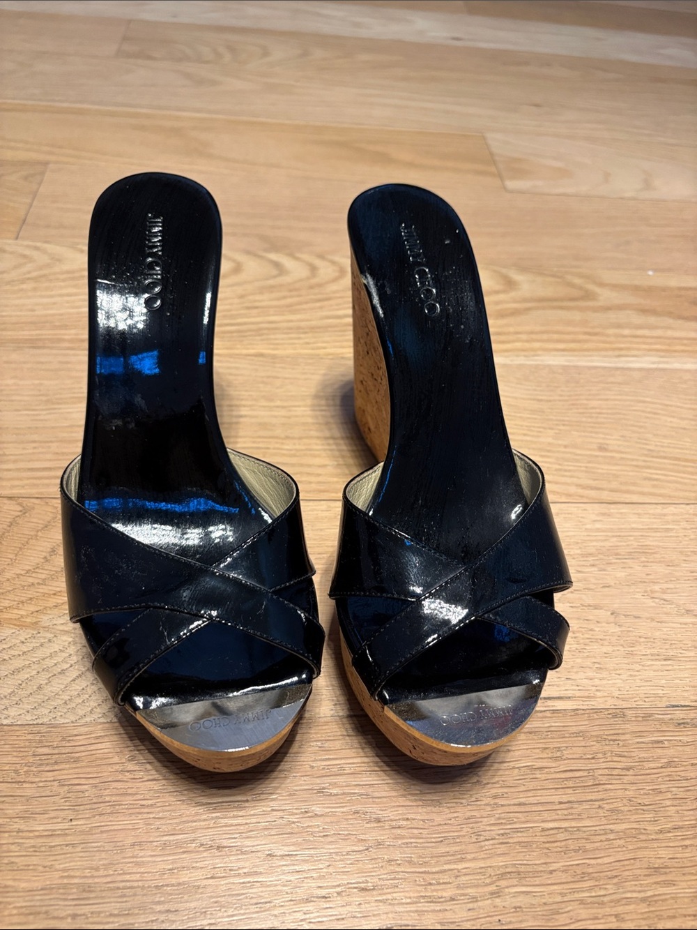 Jimmy Choo Black Patent Leather Cork Wedge Mules